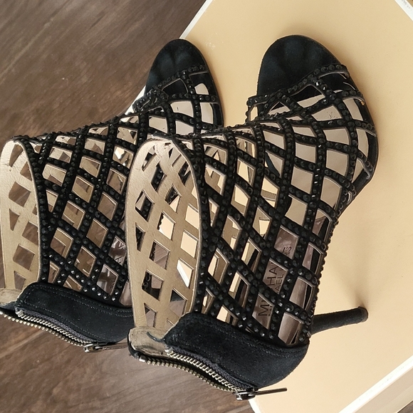 Michael Kors Yvoone Bootie caged rhinestones heels suede peep toe sandal 7.5 blk - Picture 5 of 16